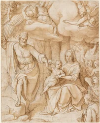 Ruhe auf der Flucht nach Ägypten (schwarze Kreide mit Feder und Tinte und Waschung auf Papier)